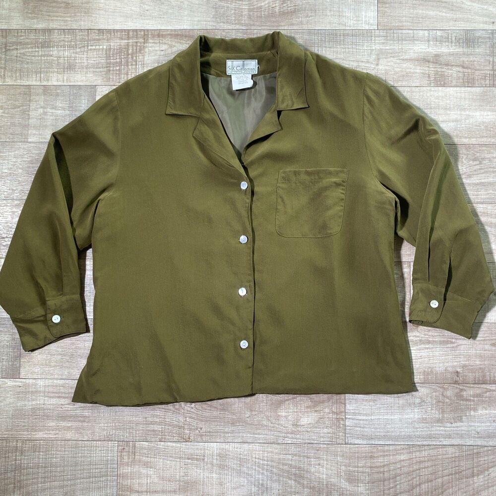 Vintage Harve Bernard Ladies Button Up Olive Green Silk Collection Blouse Sz 10